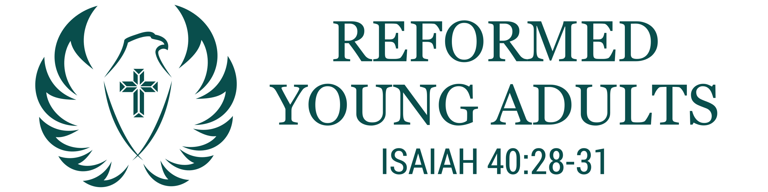 Logo for Reformed Young Adults (RYA) featuring a stylized eagle with wings extended. The eagle's body forms a shield with a decorative cross in the center. To the right of the eagle are the words 'Reformed Young Adults' in uppercase letters. Below the title is the Bible reference ‘Isaiah 40:28-31.’